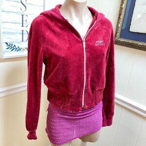 Bebe Rhinestoned Logo Velour Zip Up Jacket Red Size Large